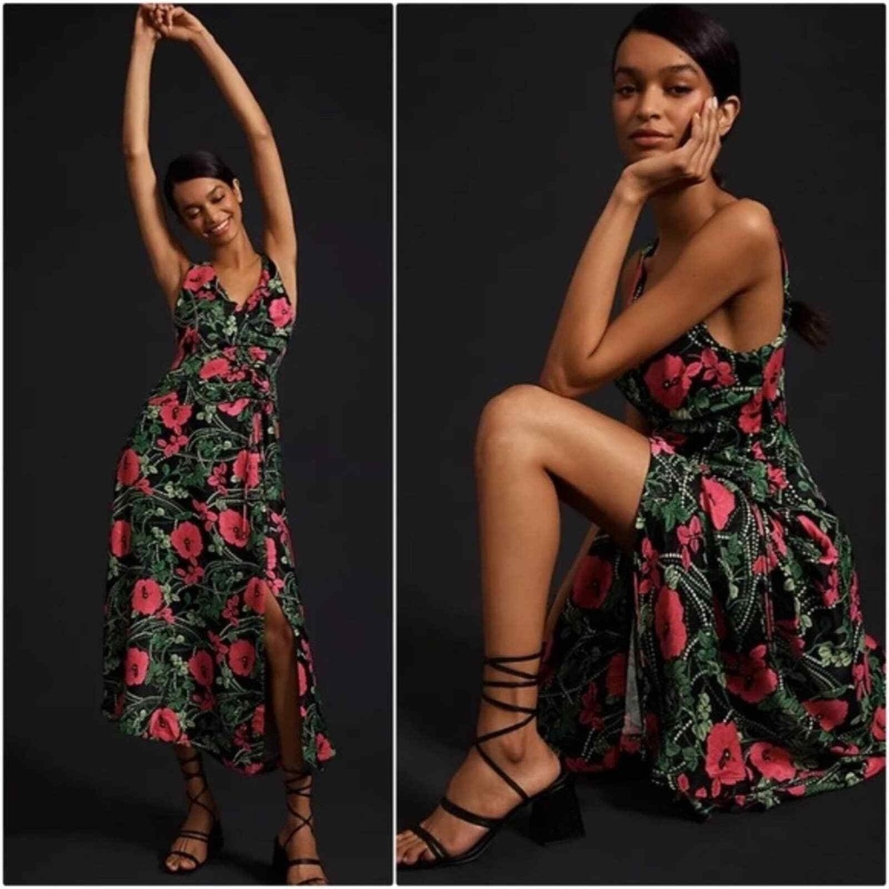Anthropologie Maeve V-Neck Midi Dress 8 Slit Sleeveless Summer Roses Black Pink